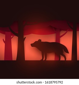 Lonely wolf on red forest in paper cut trendy craft cartoon style. Minimalistic creative modern design for advertising, branding background greeting card, cover, poster, banner. Vector illustration.