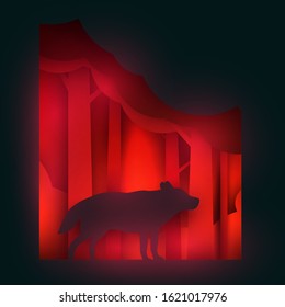 Lonely wolf on red forest in paper cut trendy craft cartoon style. Minimalistic creative modern design for advertising, branding background greeting card, cover, poster, banner. Vector illustration.