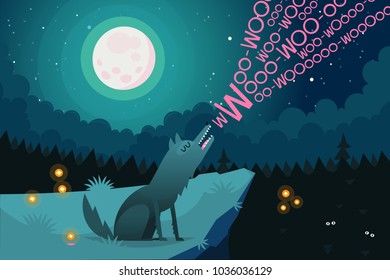 Lonely wolf sitting on the edge of a cliff near a dark forest at night is howling on full moon inviting friends from the forest to join. Vector illustration