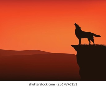 lonely wolf standing on high cliff and howling against red sunset sky - wild nature evening dusk scene vector silhouette landscape