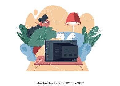 Lonely woman with cat watching movies vector illustration. Young female covering with blanket spending leisure time at home flat style concept