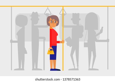 Lonely woman in a crowd on the subway. People on public transport. Flat style vector illustration.