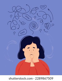 Lonely woman in depression and despair covers her face with palms. Mental disorder, search for answers and concept of confusion. Girl is trying to solve difficult problems. Flat vector illustration