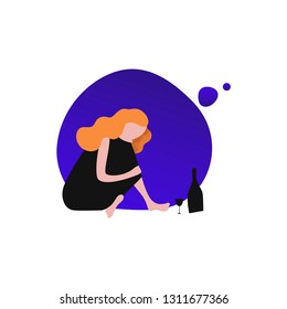 Lonely woman flat vector illustration. Sad girl sitting on floor, drinking wine. Cartoon character on blue background. Personal problems, bad mood, loneliness concept drawing. Female alcoholic clipart