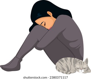 Lonely woman with grey cat vector illustration feeling down and depressed vector concept illustration. Unhappy girl stressed and anxious with pet animal