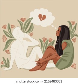 Lonely woman looks at the illusion of a silhouette of a man and thinks about relationship breakdown. The concept of unhappy relationships or unrequited love