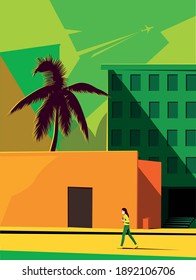 A lonely woman in a medical mask walks through an empty city filled with heat. vector illustration in bright colors