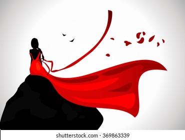 The lonely woman in a red dress looking in the distance.