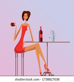 Lonely Woman in red dress sits on a chair at a table with glass of wine. She reaches for glass of wine with her lips to take a sip. Tired woman drinks wine in despair  and depressive mood. depression.