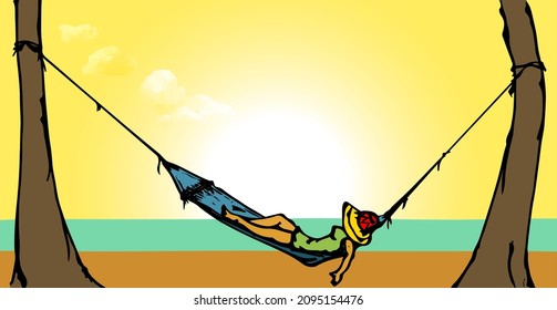 A lonely woman resting on a hammock by the seaside. Hand drawn vector illustraiton.