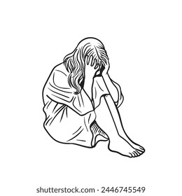 lonely woman, sad and depression, sitting alone.Vector illustration drawing 