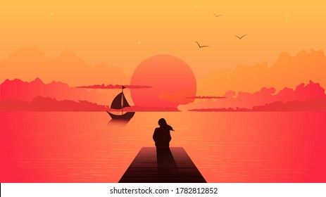 Silueta solitaria de mujer al atardecer. Sola chica soñadora mirando la puesta de sol naranja con un barco de vela entre las nubes en la ilustración del muelle marino persona soledad vectorial depresión portadora.