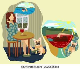 Lonely woman, sitting near the window, dreams of good weather and swimming in the sea, her bulldog with her under the table. She drank wine and dreamed about the sea.