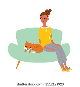Lonely Woman Sitting On The Sofa With Her Slipping Cat. Vector Illustration
