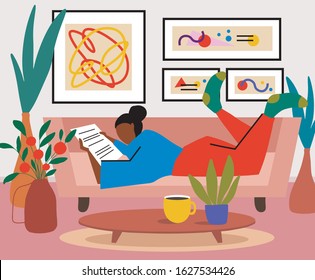 Lonely woman sitting on sofa in her room and reeding newspaper or book. Weekend or free time spending. Young girl chilling out with cup of tee or coffee. Vector cartoon flat illustration.