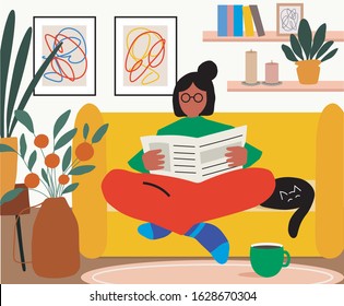 Lonely woman sitting on sofa in her room and reeding newspaper or book. Weekend or free time spending. Young girl chilling out with cup of tee or coffee. Vector cartoon flat illustration.