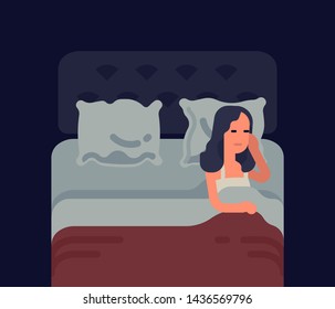 Lonely woman sleeps on a side of double bed whilst opposite side is empty. Concept vector illustration on lack of relationships and being single