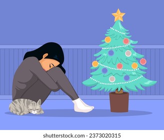 Lonely woman spending Christmas time alone crying with lovely pet cat. Sad girl with no family spending winter holidays depressed