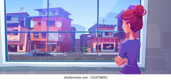 Lonely woman stand at cracked window rear view looking on ghetto street with old buildings and broken cars under blue sky, girl at home look on apocalypse cityscape, Cartoon vector illustration