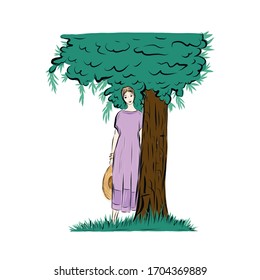 Lonely woman stands under tree. Girl on walk in the park. Lady dressed in lilac dress and holding wide-brimmed straw hat