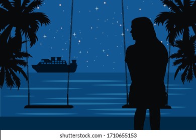 Lonely woman watching the blue sea alone on the beach.Female character.vector illustration.