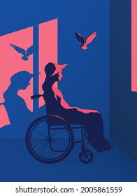 Lonely Woman In Wheelchair. Silhouette At Window. Home Self-isolation