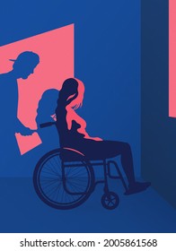 Lonely woman in wheelchair. Silhouette at window. Home self-isolation