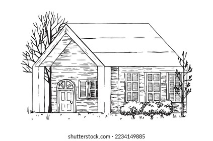 Lonely wooden house in the middle of the forest retro old line art etching vector