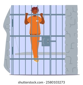 Lonely worried woman prisoner cartoon character wearing orange jumpsuit uniform behind cage bars vector illustration. Frustrated female criminal feeling sadness and guilty serving sentence jail