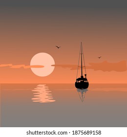 A lonely yacht on the background of a sea sunset. Vector illustration.