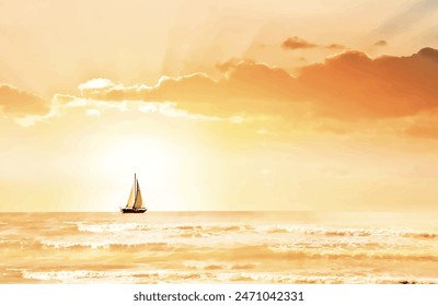 Lonely yacht sailing in the Mediterranean sea at amazing sunset - Sailing luxury yacht with white sails in the Sea.wallpepar
