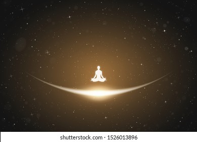 Lonely yogi in space. Vector conceptual illustration with white silhouette of yoga girl in lotus pose. Yellow abstract background with stars and glowing outline