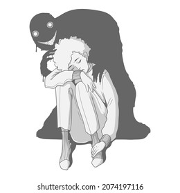 Lonely young girl with mental disorder hugging knees. Mental Health concept. Exhausted hand drawn cartoon character isolated on white background. Psychological disorder, apathy vector illustration.