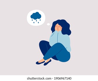 Lonely young girl sitting on floor and cover her face with arms. Sad child is crying.  Female character feels depression, sorrow, grief. Concept of mental disorder or illness. Vector illustration
