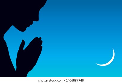 Lonely young grace evangelical dark silence space for text. Sorrow mourn pretty lady ask Lord Jesus Christ. Black side pious arm sign. Purity expression icon on blue copyspace banner frame backdrop