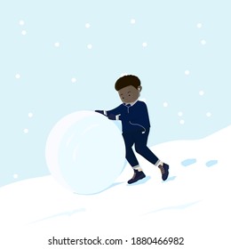 lonely young guy with snowball listens to music. 
winter day