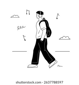 A lonely young man is wearing headphones and listening to music. Leisure zoomer. A black and white hand-drawn doodle illustration.