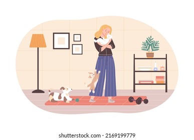 Lonely young woman spending time with her pet animals. Girl hugging white cat, puppy and kitten playing next to her. Young woman relaxing with her pets in scandinavian style cozy interior flat vector