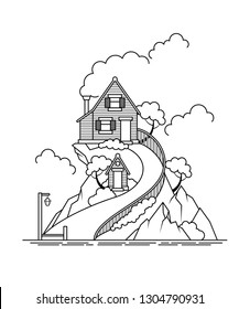 Lonenly log house on the island flat style landscape illustration
