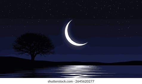 A Lonesome Tree Shines Under the Crescent Moon