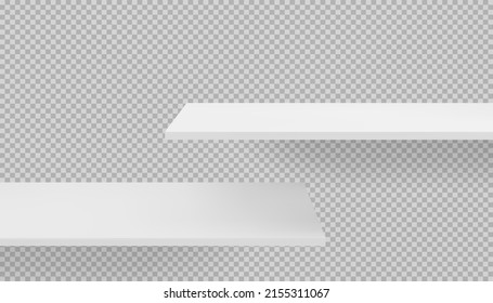 Long 3d empty blank wooden shelves mockup on transparent background with shadows. Template of book and magazine store organization for merchandising and marketing. Vector bookshelf