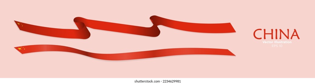 Long 3d Rendered Chinese Flag Ribbons with shadows. Flag of China long strip. Curled and rendered in perspective. Graphic Resource. Editable Vector Illustration. EPS 10.