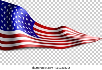 Long American flag on transparent background. Flag for patriotic holidays. Labor day, Independence day, Memorial day. Vector illustration.