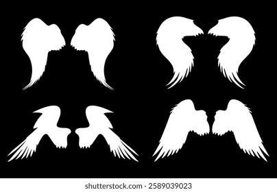 Long angel wings illustration with various styles on a black background