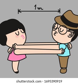Couple’s Long Arms With Their Long Distance Hug. Maintaining Distance Between People At Least 3 Feet Or 1 Meter To Slow Spreading Disease. Virus Control and Prevention Tips Concept Card