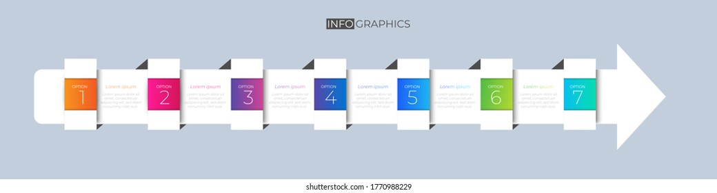 Flecha larga con partición Gradiente de color gráfico origami color de papel plantilla info-gráfica para la gráfica de presentación de diagrama
y concepto de negocio con 7 opciones de elemento