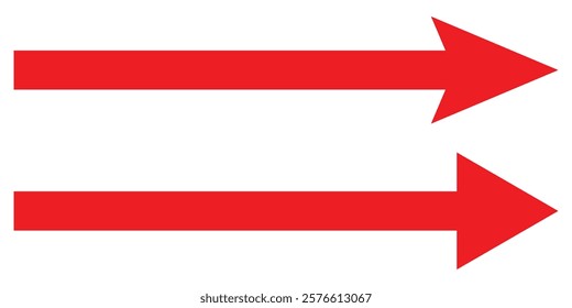 Long arrow set. Red long arrow pointing left and right. Red large arrow icon. Bold thine long arrow icon set. Vector illustration. EPS 10