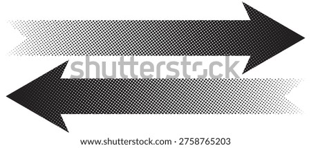 Long arrow vector icon. Silhouette of long arrow with dot pattern. Set of metal arrows with halftone. Simple straight Horizontal long arrow icon design for website, app, logo. Vector illustration.