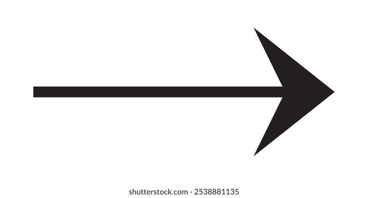 Long arrow vector icon. Thin black arrow pointing right. Long, straight-line arrow icon in white background. Graphic illustration for direction symbols. Isolated design element. Vector Illustration. 
