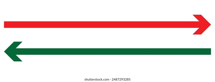 Conjunto de iconos de flechas largas. Flecha apuntando. Vector conjunto de flechas largas de moda izquierda y derecha en estilo plano. Conjunto de Vector de flecha roja y verde diseño eps 10 